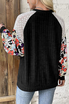 Parchment Floral Patchwork Long Sleeve Ribbed Blouse