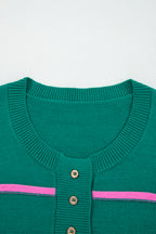 Green Stripe Half Buttons Drop Shoulder Plus Size Sweater