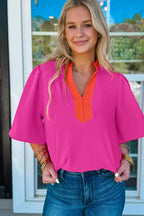 Rose Red Contrast V Neck Colorblock Wide Short Sleeve Top