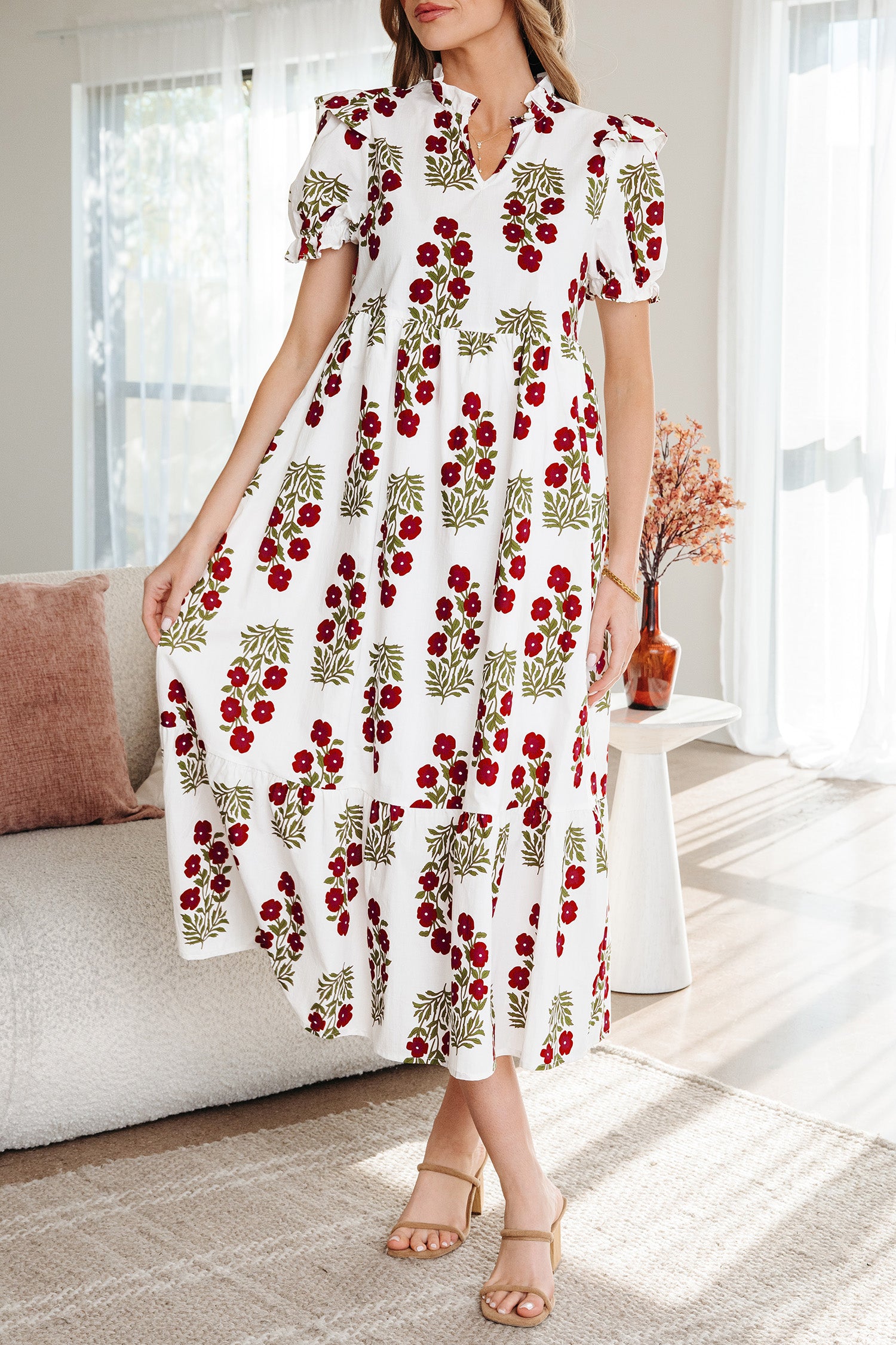 Floral Short Bubble Sleeve Tiered Maxi Dress