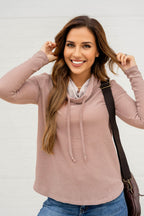 Pale Chestnut Horizontal Twist Ribbed Drawstring Cowl Neck Knit Top