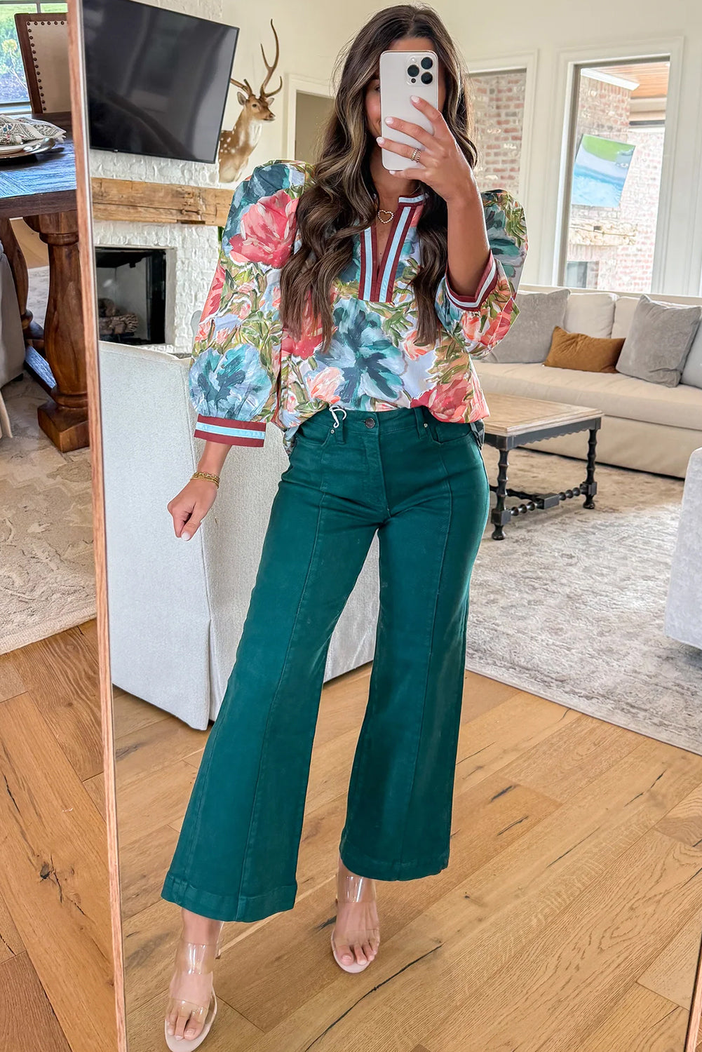 Sky Blue Contrast Trim V Neck Cuffed Bracelet Sleeve Floral Blouse