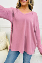 Pink Twisted Rib Texture Exposed Seam Patchwork Loose Long Sleeve Top