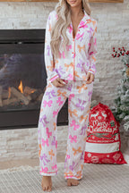 Pink Striped Bow Print Contrast Piping Trim Shirt and Pants 2pcs Pajama Set