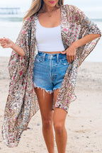 Apricot Floral Print Short Wide Sleeve Open Front Loose Kimono