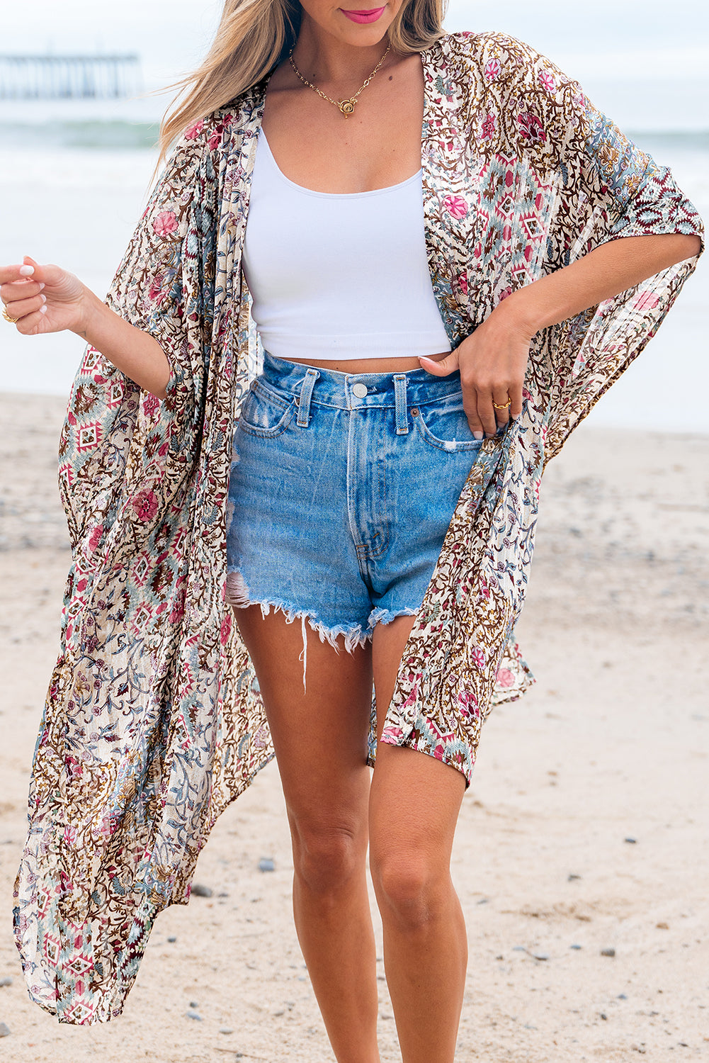 Apricot Floral Print Short Wide Sleeve Open Front Loose Kimono
