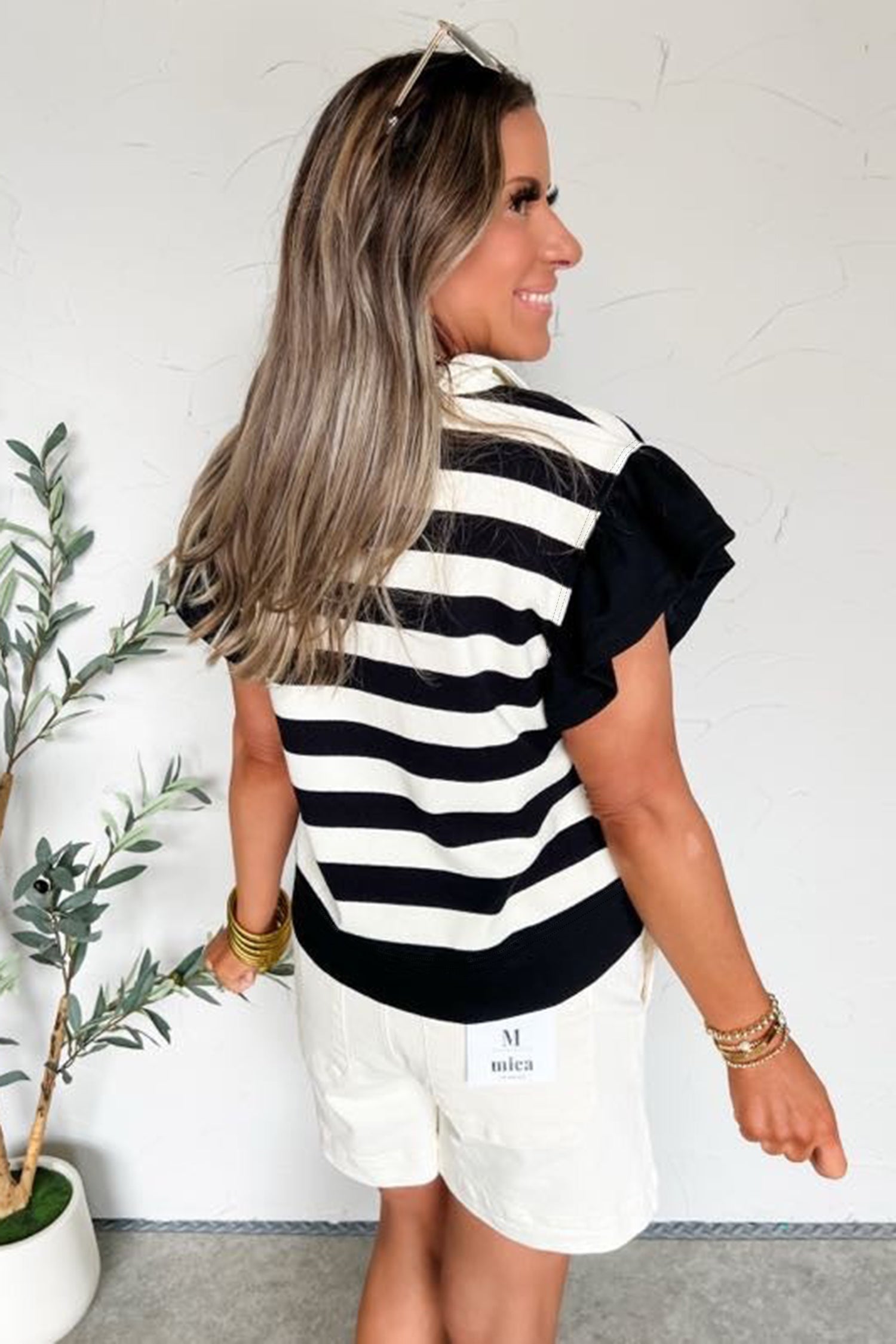 Striped Collar V Neck Ruffled Short Sleeve Blouse