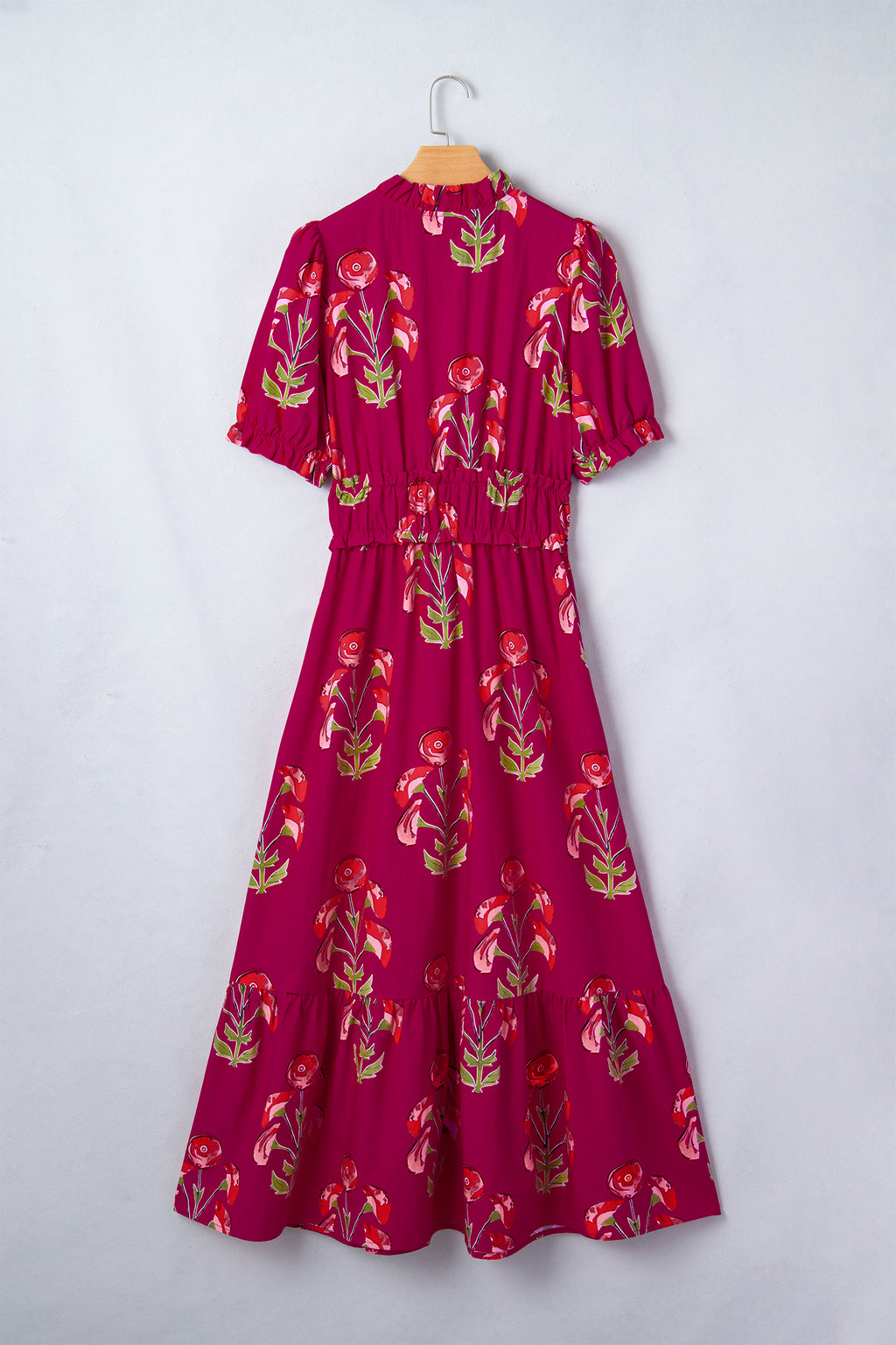 Red Floral Print Frilled V Neck Short Sleeve Ruffle Maxi Dress