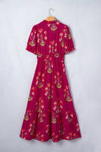 Red Floral Print Frilled V Neck Short Sleeve Ruffle Maxi Dress