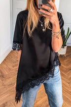 Black Asymmetric Lace Trim Short Sleeve Satin Top
