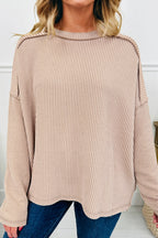 Twist Ribbed Exposed Seam Detail Long Sleeve Loose Top