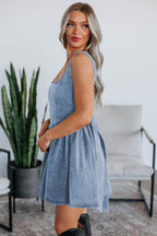 Sail Blue Square Neck Bowknot A-line Sleeveless Denim Dress