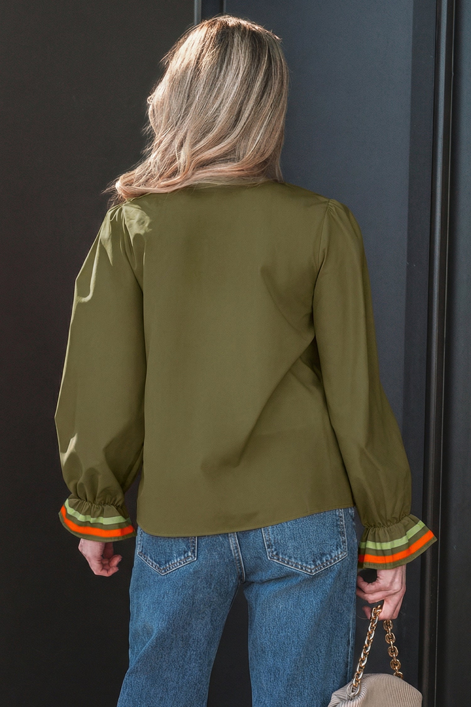 Striped Trim Ruffle Split Neck Long Sleeve Blouse