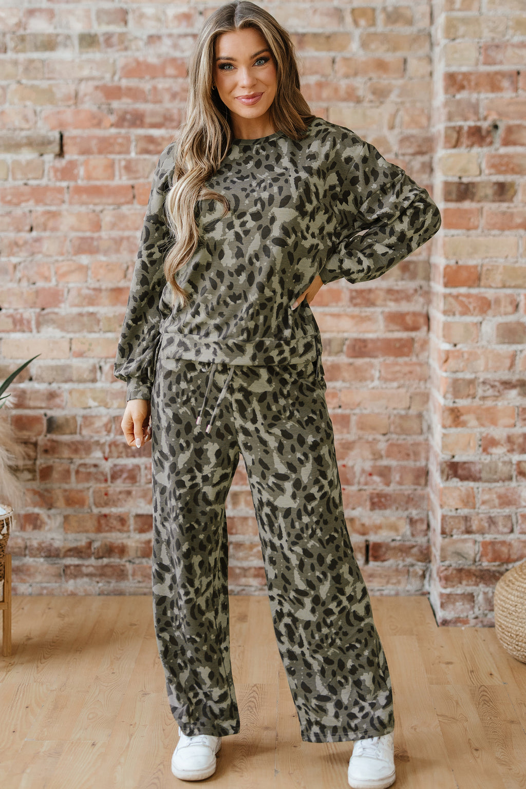 Leopard Print Raw Seam Patchwork Pullover Drawstring Loose Pant Set