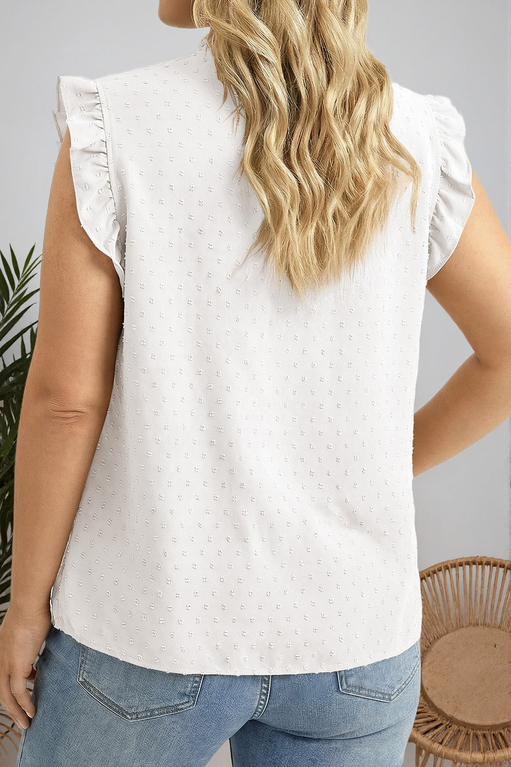 Plus Size Swiss Dot Ruffle Lace Trim V Neck Tank Top