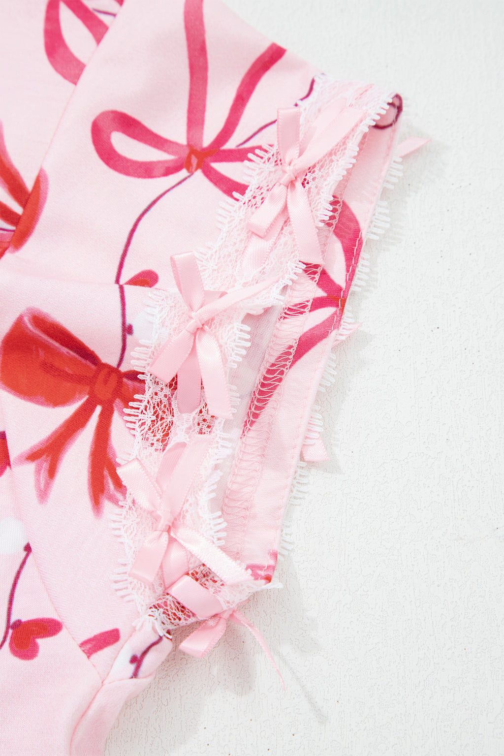 Red Romantic Bow Print Loose Tee Drawstring Shorts 2pcs Lounge Set