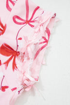 Red Romantic Bow Print Loose Tee Drawstring Shorts 2pcs Lounge Set
