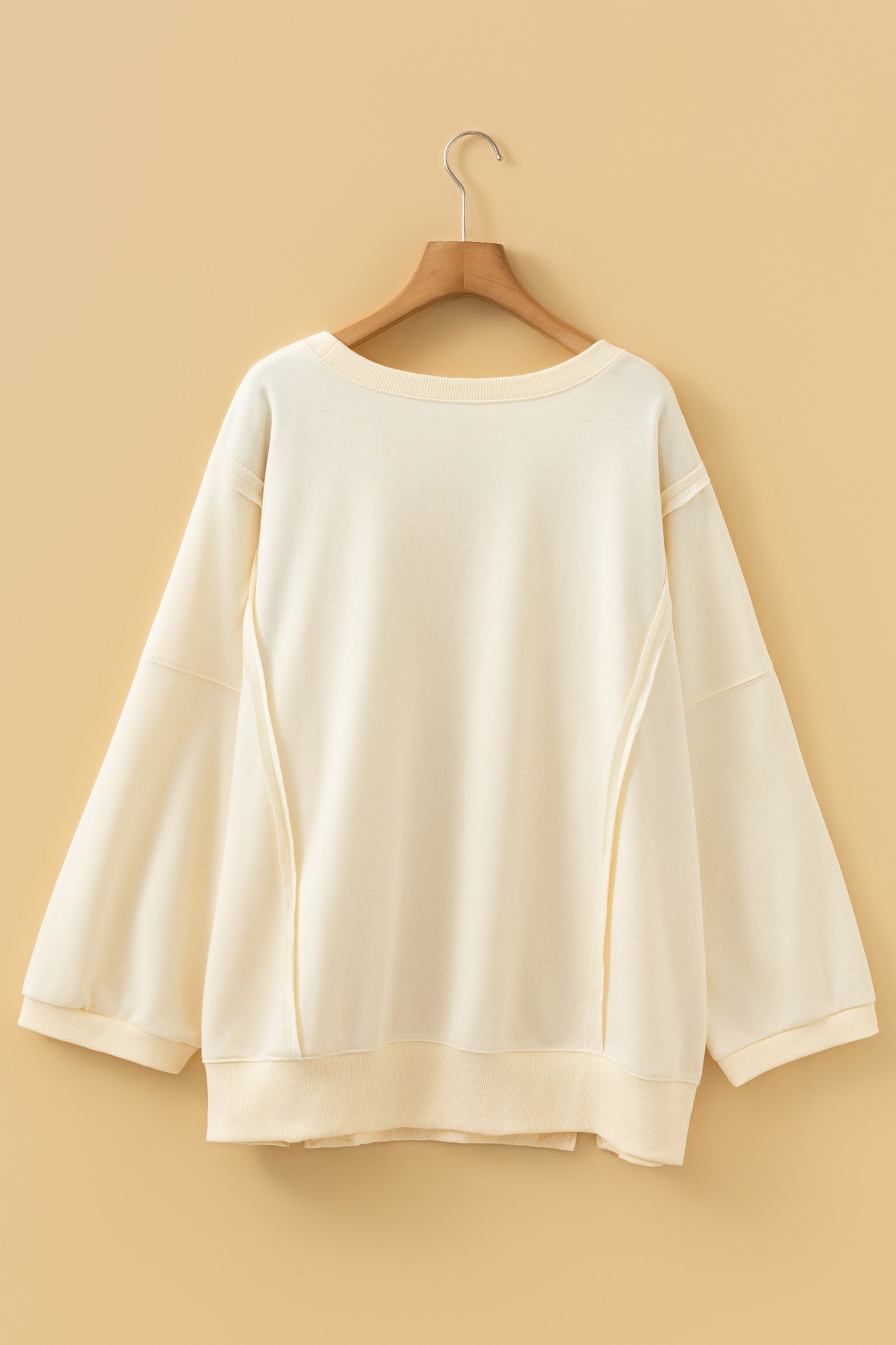 Beige Plus Size Raw Seam Detail Floral Bow Patched Baggy Pullover