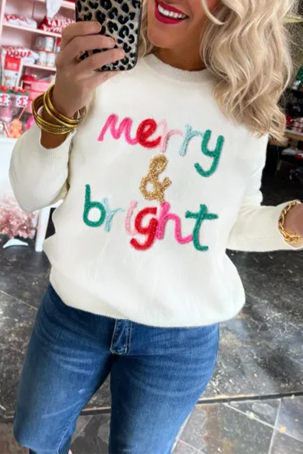 White Holly Jolly Round Neck Casual Sweater