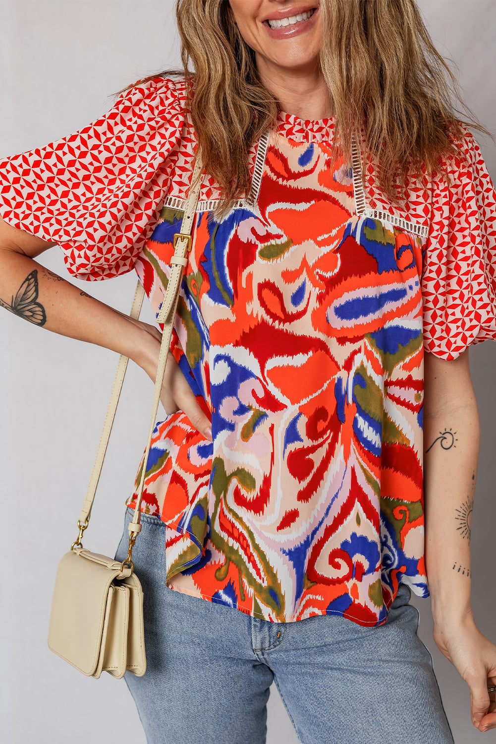 Red Paisley Geometric Mixed Print Patchwork Puff Sleeve Blouse Top