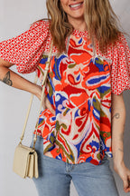 Red Paisley Geometric Mixed Print Patchwork Puff Sleeve Blouse Top