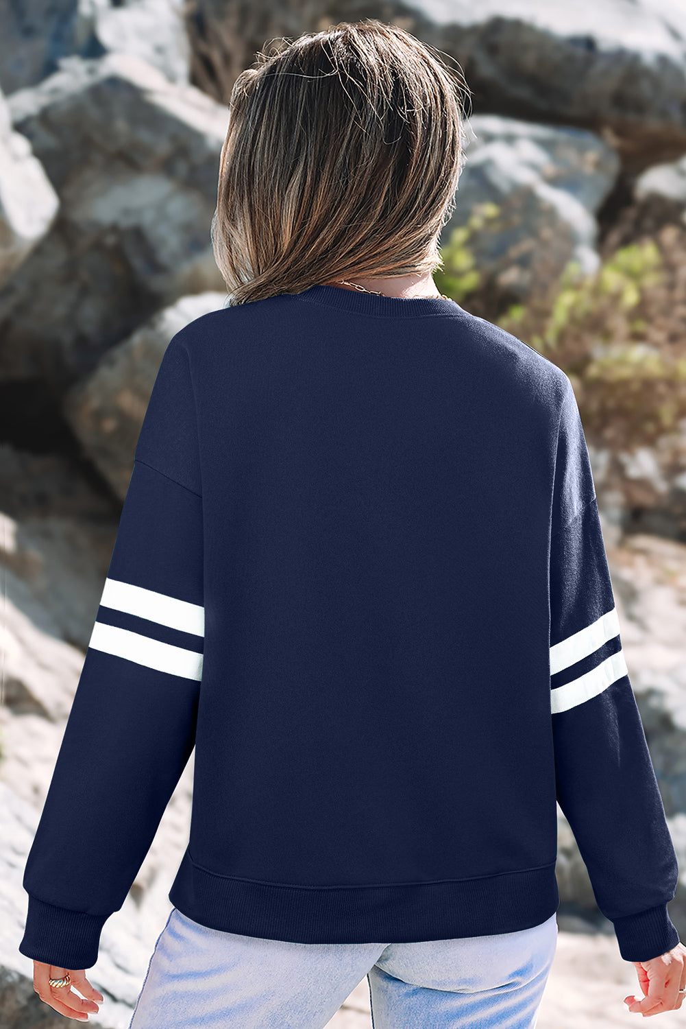 Tillandsia Purple Varsity Striped Detail Drop Shoulder Oversized Sweatshirt