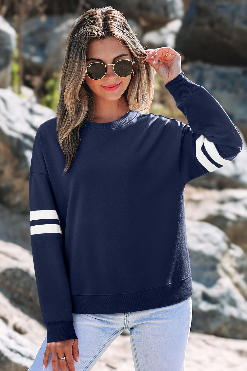 Tillandsia Purple Varsity Striped Detail Drop Shoulder Oversized Sweatshirt