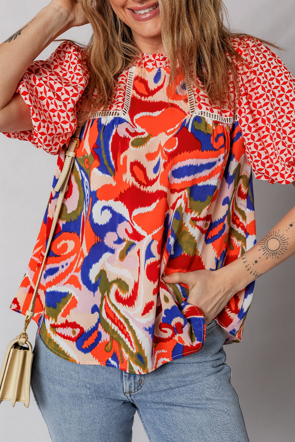 Red Paisley Geometric Mixed Print Patchwork Puff Sleeve Blouse Top