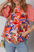 Red Paisley Geometric Mixed Print Patchwork Puff Sleeve Blouse Top