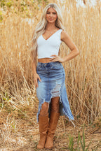 Myosotis Irregular Distressed Bottom Denim Midi Skirt