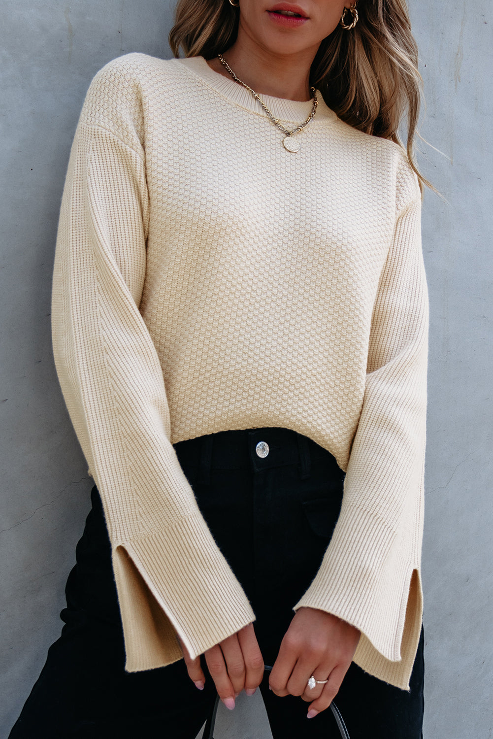 Solid Textured Knit Split Cuff Drop Shoulder Loose Sweater