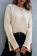 Solid Textured Knit Split Cuff Drop Shoulder Loose Sweater