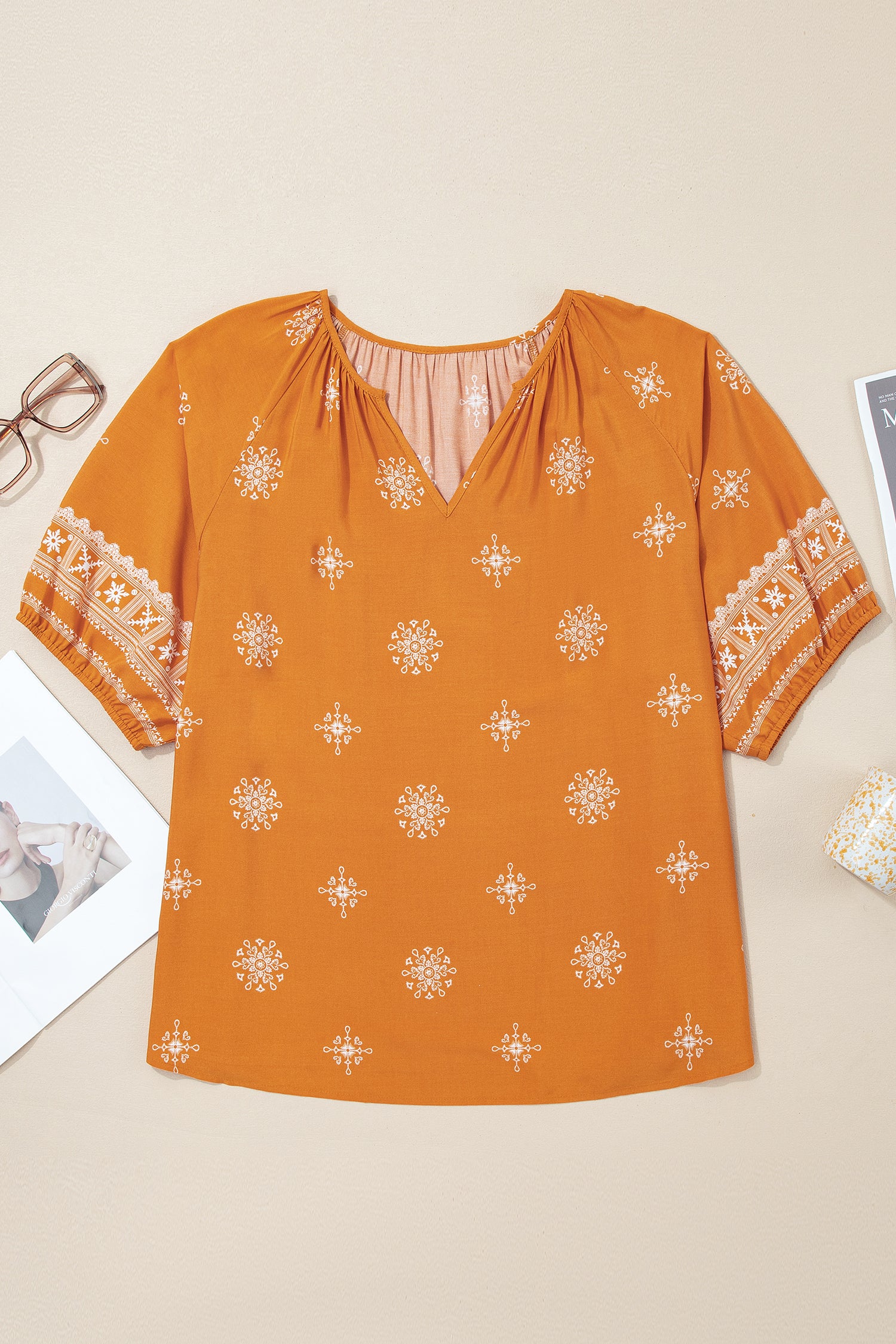 Boho Chic Notched V Neck Plus Floral Short Sleeve Top