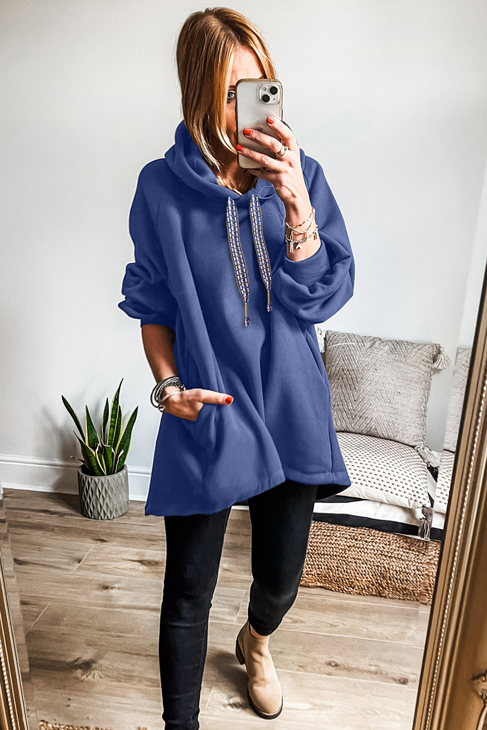 Fleece Lined Adjustable Drawstring Oversize Tunic Hoodie