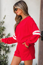 Varsity Striped Sleeve Drop Shoulder Sweatshirt and Short Set
