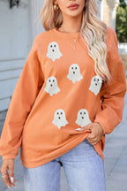 Orange Twisted Ribbed Texture Halloween Ghost Sequin Patched Sweatshirt