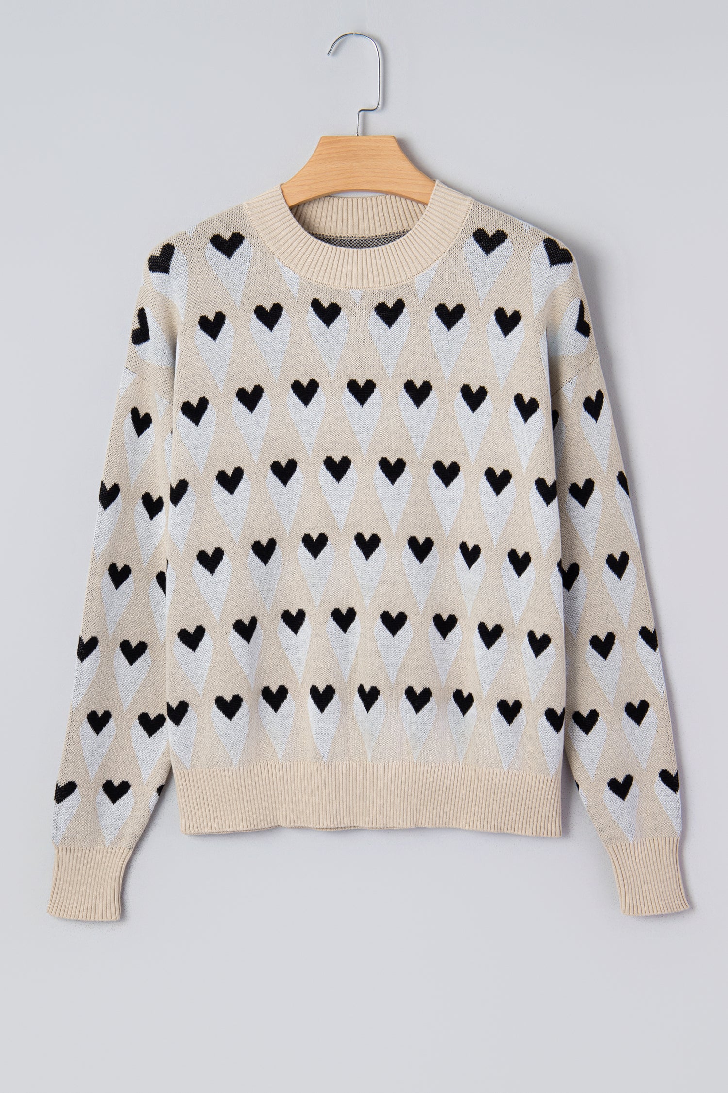 Parchment Geometric Heart Print Ribbed Trim Loose Sweater