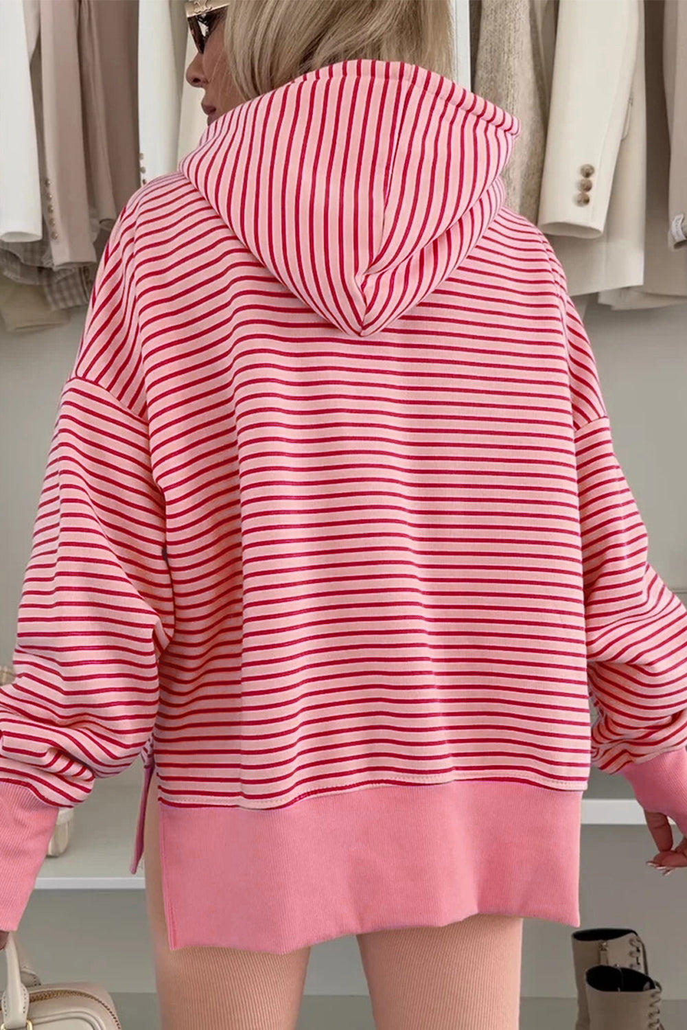 Striped Thumbhole Side Slits Drop Shoulder Loose Fit Hoodie