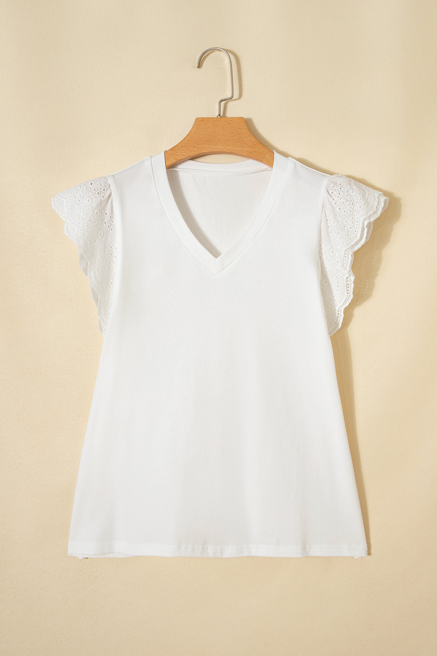 White Eyelet Embroidered Flutter Sleeve Patchwork V Neck Tee