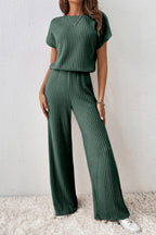 Dark Grey Ribbed Keyhole Short Sleeve Wide Leg Jumpsuit