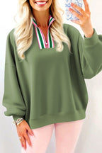 Vineyard Green Contrast Striped Patchwork Zip Collar Pullover Sweatshirt