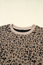 Khaki Leopard Textured Ribbed Trim Plus Size Long Sleeve Top