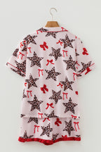 White Leopard Star Ribbon Bow Print Contrast Trim Short Pyjama Set