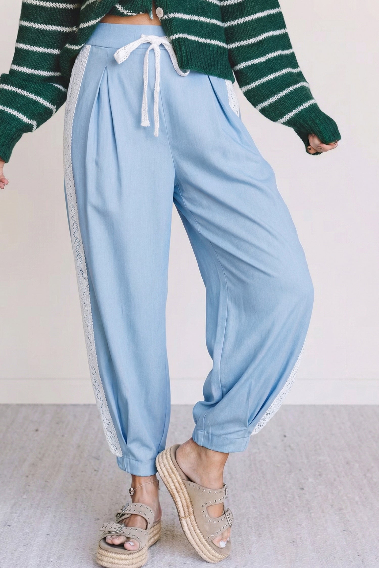 Beau Blue Lace Accent Floral Patched Pocket Pleated Wide Leg Slouchy Pants