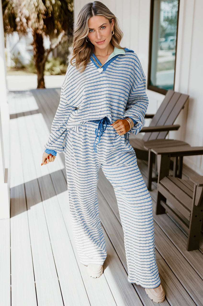 Sky Blue Stripe Collared Pullover Top and Drawstring Pant Set