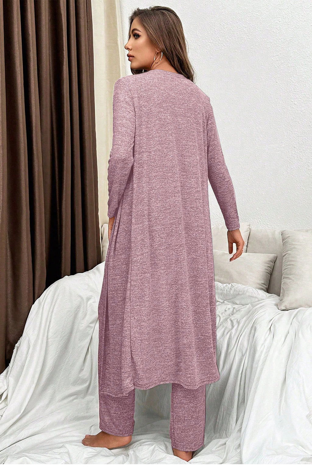 3pcs V Neck T Shirt Ribbon Knot Pants Open Duster 3pcs Lounge Set