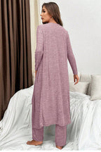 3pcs V Neck T Shirt Ribbon Knot Pants Open Duster 3pcs Lounge Set
