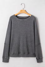 Dark Grey Waffle Knit Patchwork Long Sleeve Loose Top