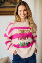 Rose Red I KNOW WAHT I WAT Sequin Letter Graphic Colorblock Loose Sweater