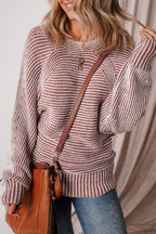 Coffee Striped Print Ribbed Knit Boat Neck Baggy Sweater